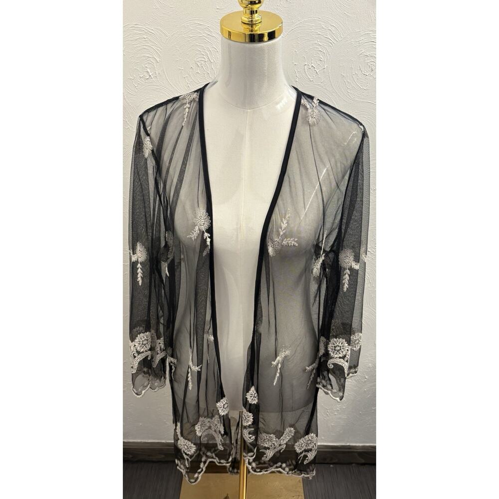 Haute Project Sheer Black Embroidered Kimono Size XL Witchy Whimsigoth Floral